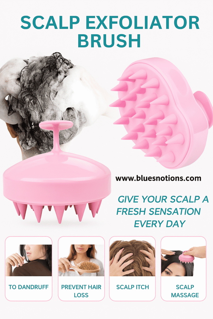 Pink scalp exfoliator brush used during shampooing to remove dandruff, prevent hair loss, and stimulate scalp circulation.